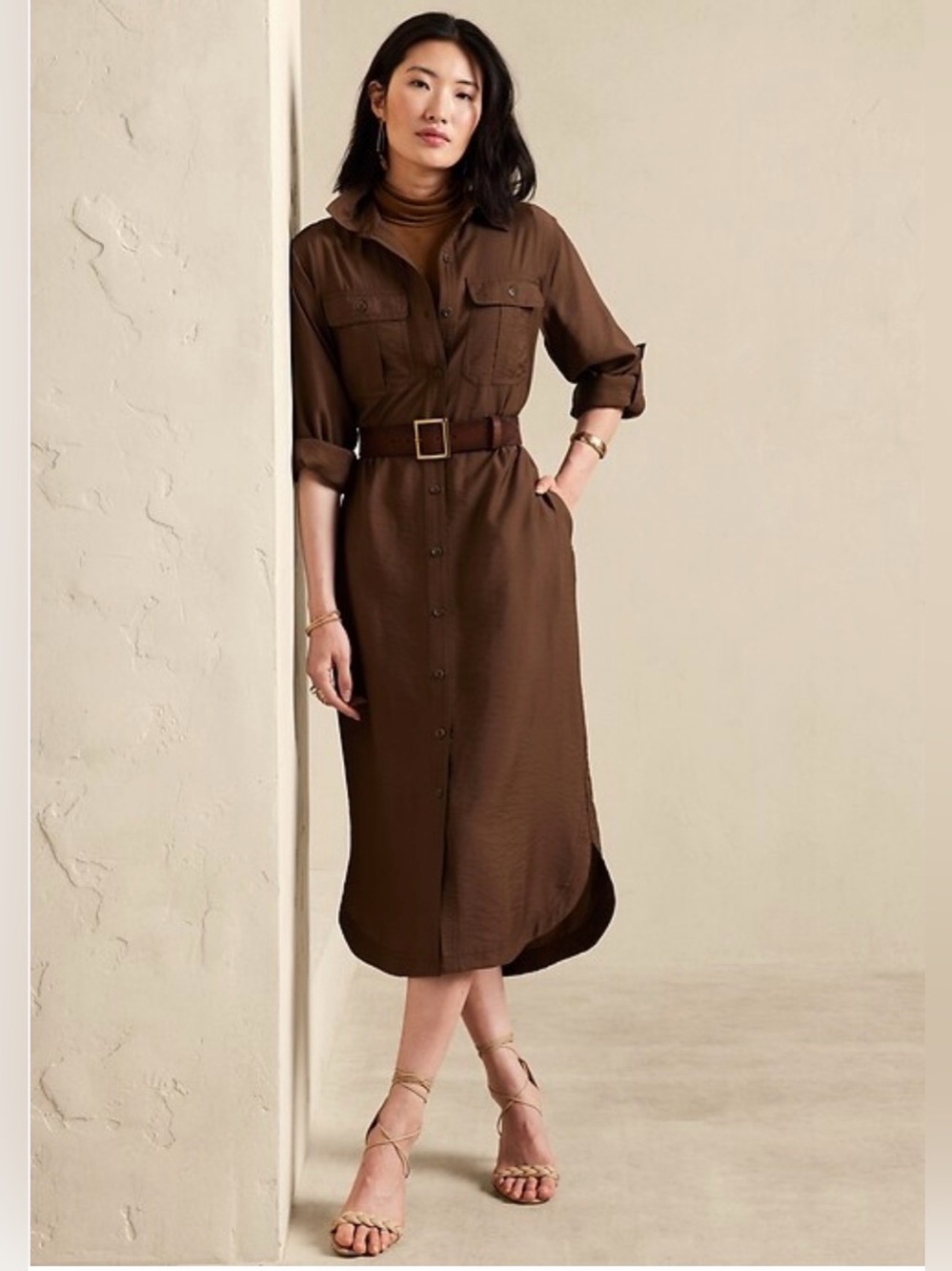 Brown Button-Front Shirt Dress with Belt